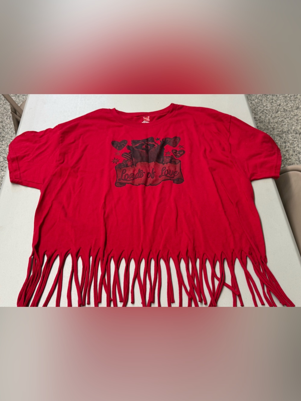 Hanes Red Fringe Graphic Tee - Raccoon Heart Motif Loads of Love